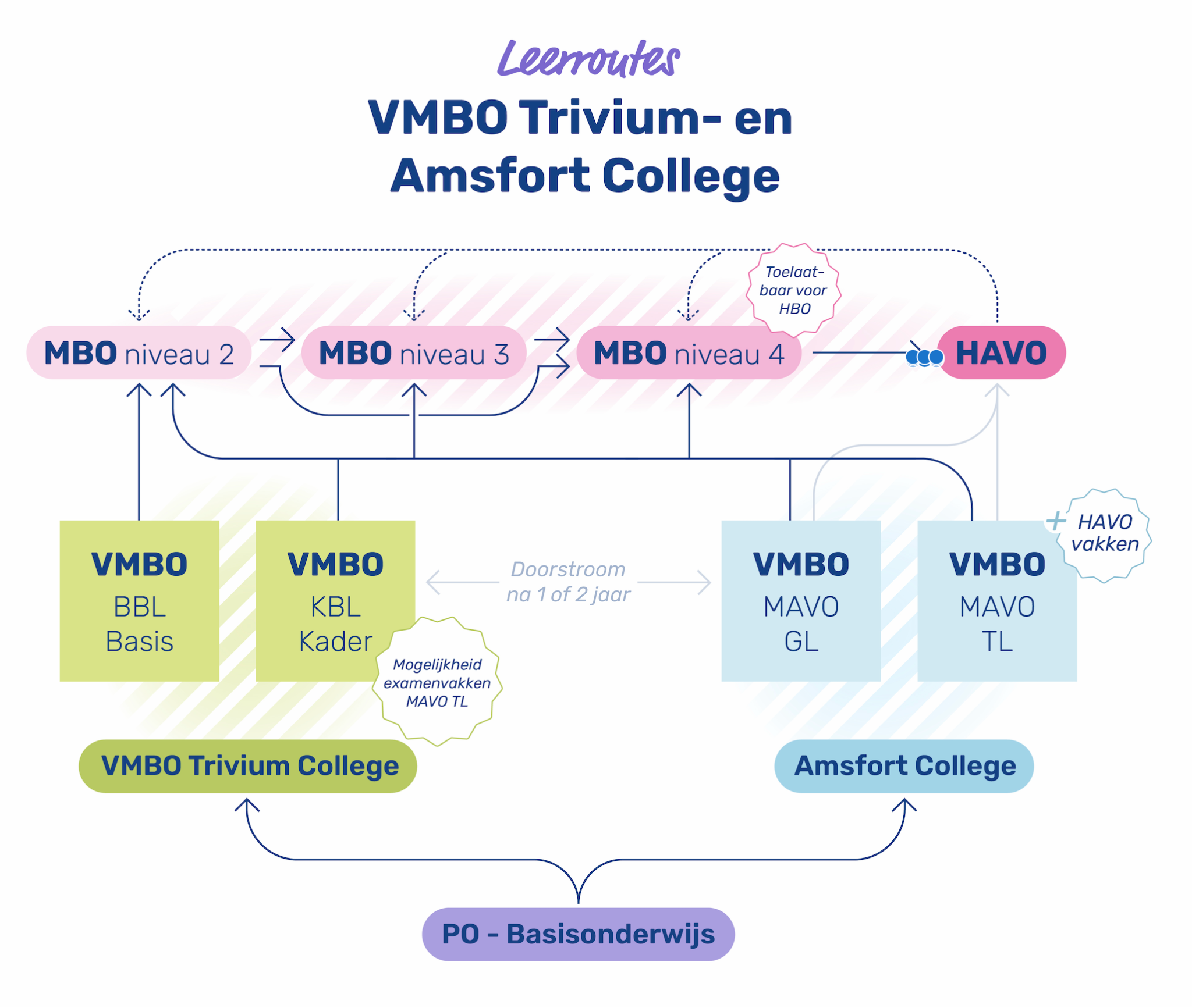 Leerroutes: vanuit de basisschool naar het VMBO Trivium College (basis en kader) of het Amsfort College (gl en tl), met doorstroom na 1 of 2 jaar, en daarna naar mbo niveau 2, 3 of 4 of de havo